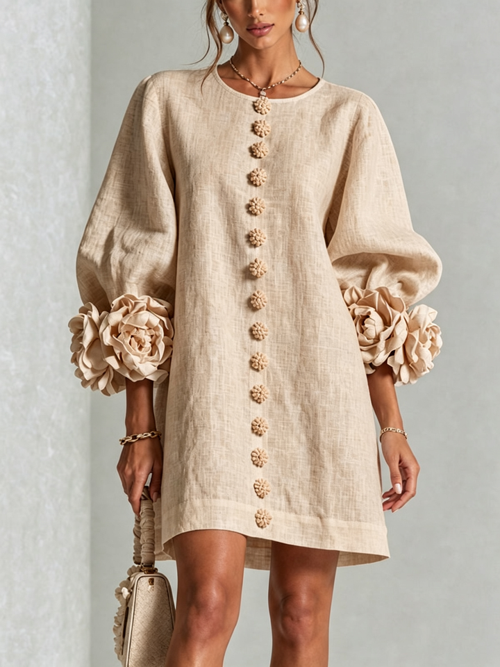 Cornelia Minikleid mit Blumenknöpfen und Knotenmanschetten – Ansicht 9