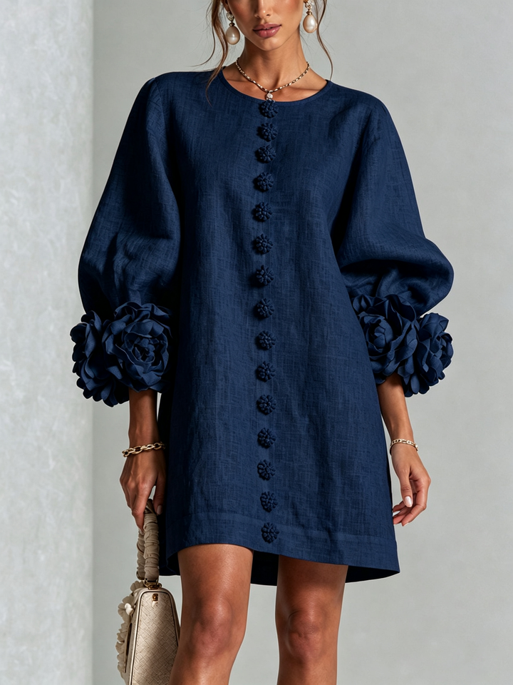 Cornelia Minikleid mit Blumenknöpfen und Knotenmanschetten – Ansicht 6