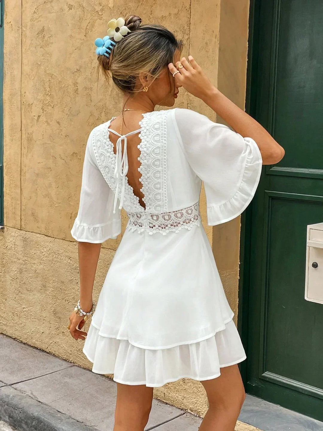 Yvette | Elegantes Damen 2026 Abschlusskleid mit Spitzenrüsche im Boho-Stil