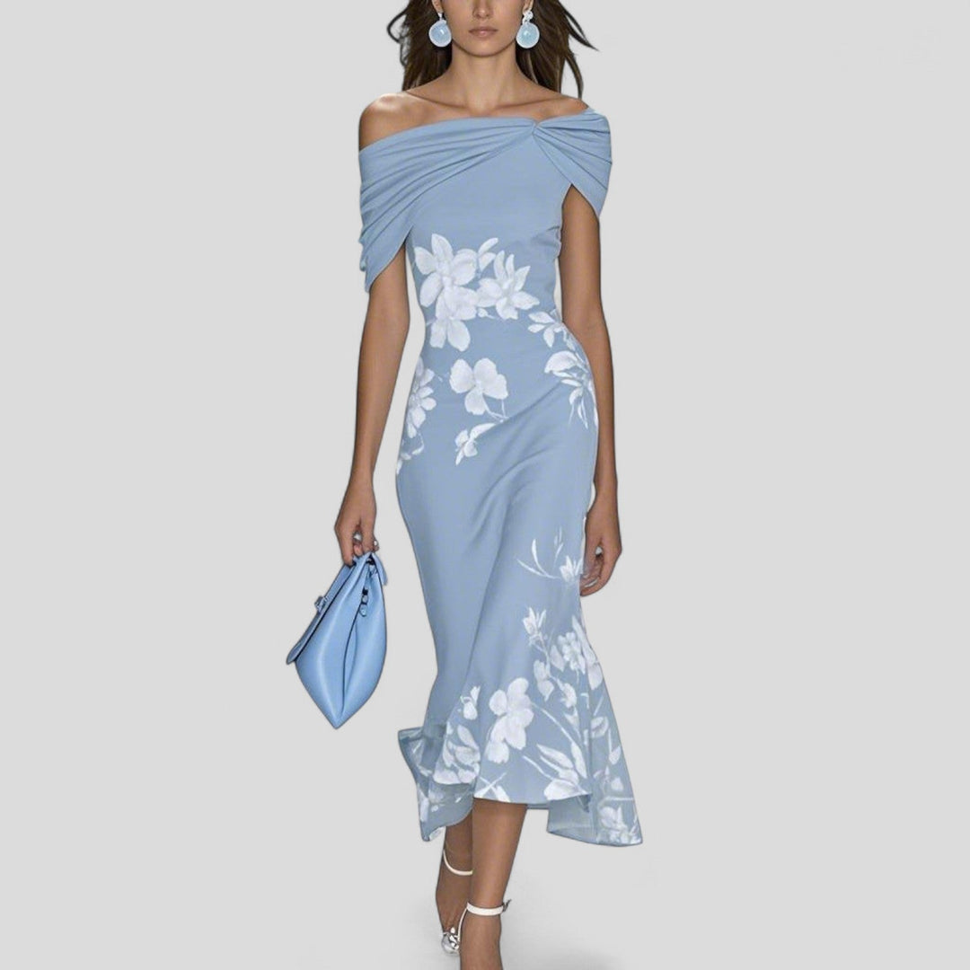 ISABRUNEL - Off-Shoulder Blumen-Midi-Kleid mit Rüschensaum