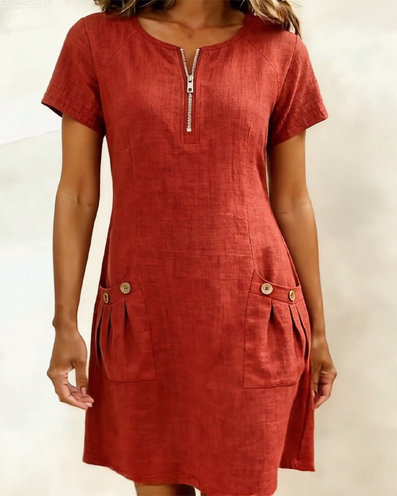 Lina Baumwoll-Leinen-Kleid für Damen – dekorative Knopftaschen