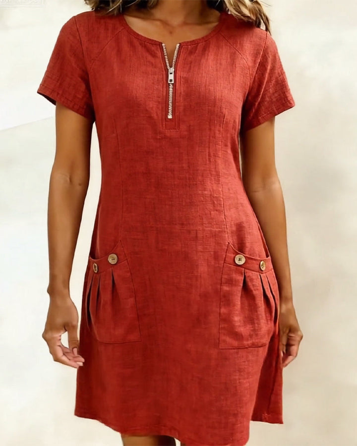 Lina Baumwoll-Leinen-Kleid für Damen – dekorative Knopftaschen