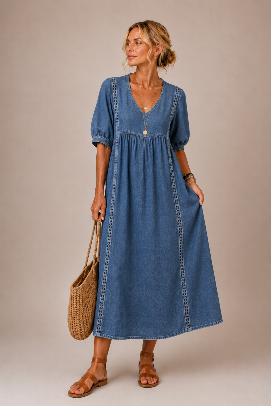 Elena - Luftige Leinen Midi Kleid