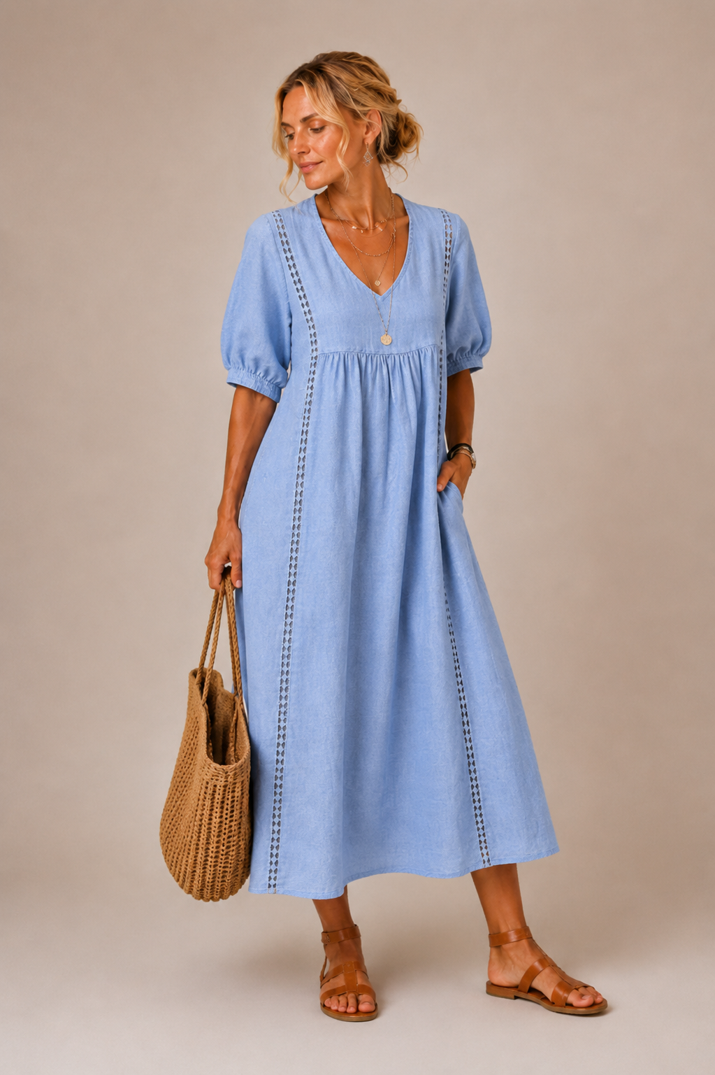 Elena - Luftige Leinen Midi Kleid