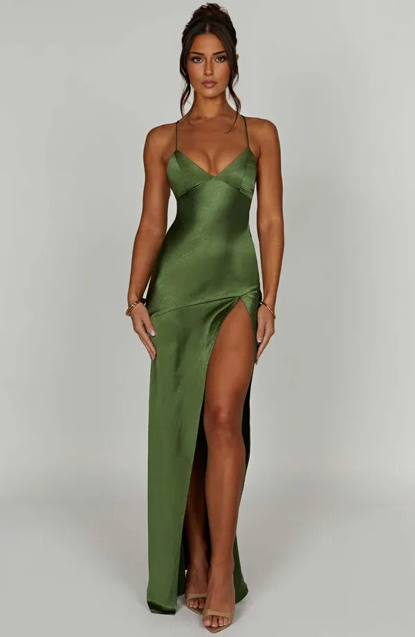 Damen Cocktail Satin V-Ausschnitt Maxikleid mit Schlitz