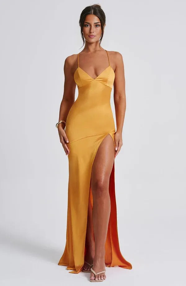 Damen Cocktail Satin V-Ausschnitt Maxikleid mit Schlitz