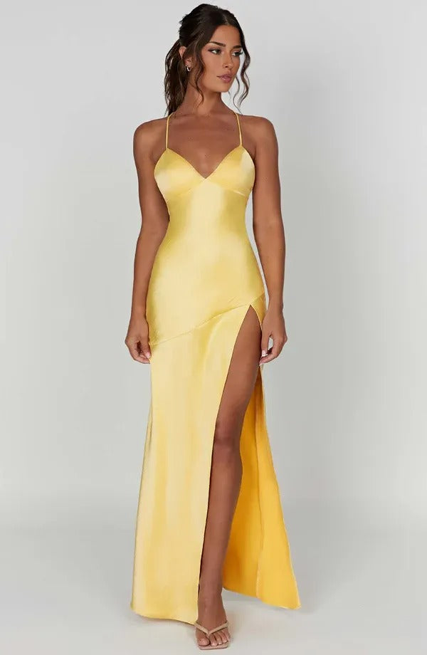 Damen Cocktail Satin V-Ausschnitt Maxikleid mit Schlitz