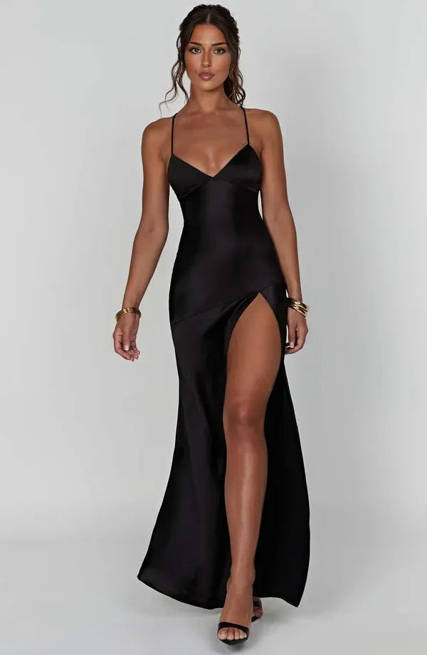 Damen Cocktail Satin V-Ausschnitt Maxikleid mit Schlitz