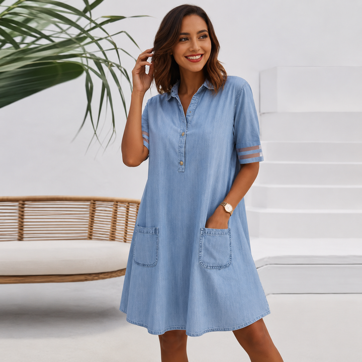 Brittany - Bauchkaschierende Denim-Look Blusenkleid