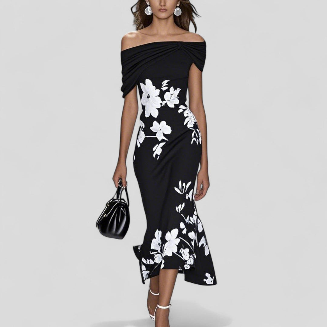 ISABRUNEL - Off-Shoulder Blumen-Midi-Kleid mit Rüschensaum
