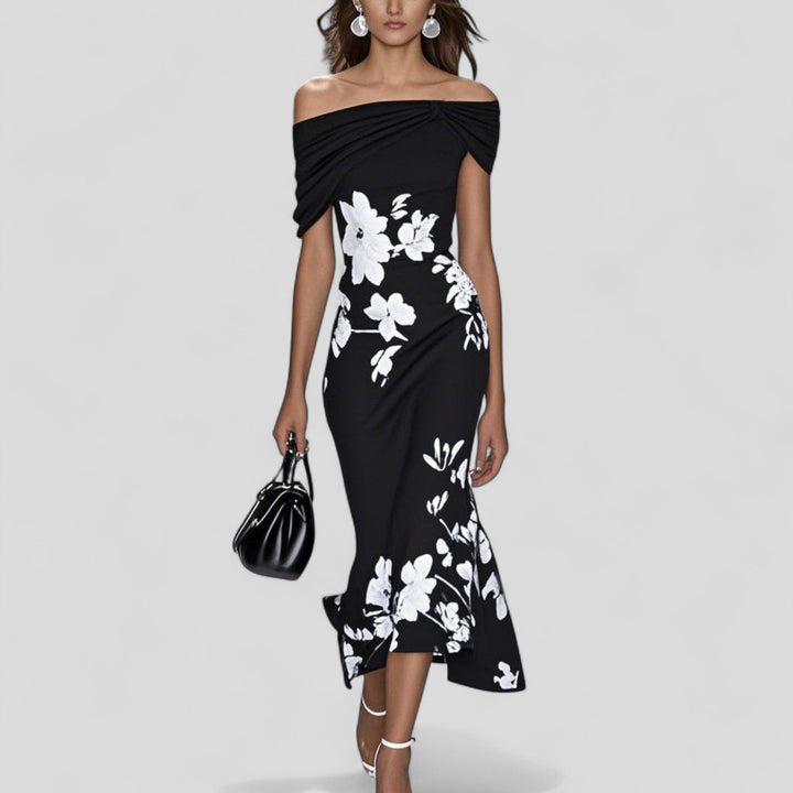 ISABRUNEL - Off-Shoulder Blumen-Midi-Kleid mit Rüschensaum