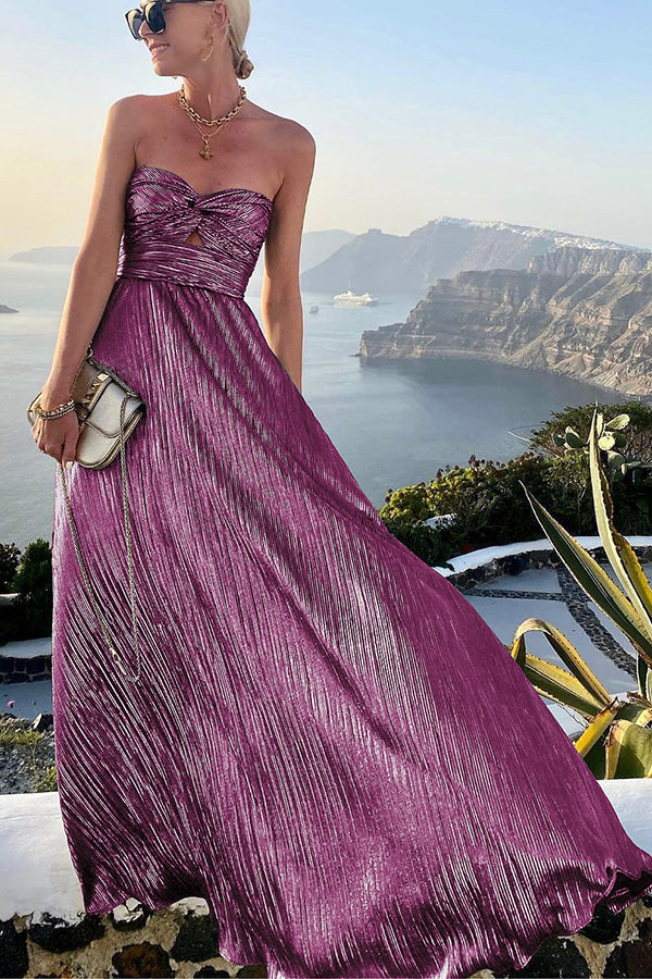 Damenformales trägerloses plissiertes metallisches Maxikleid