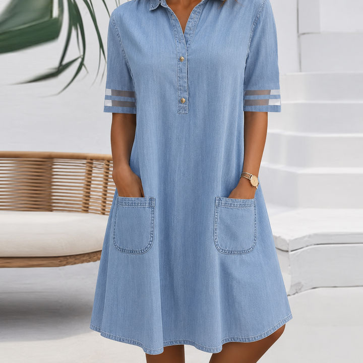 Brittany - Bauchkaschierende Denim-Look Blusenkleid