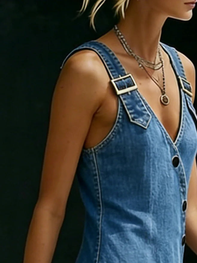 Vera Langes Denim-Kleid mit Knopfleiste von Maria Zürich — Rückansicht