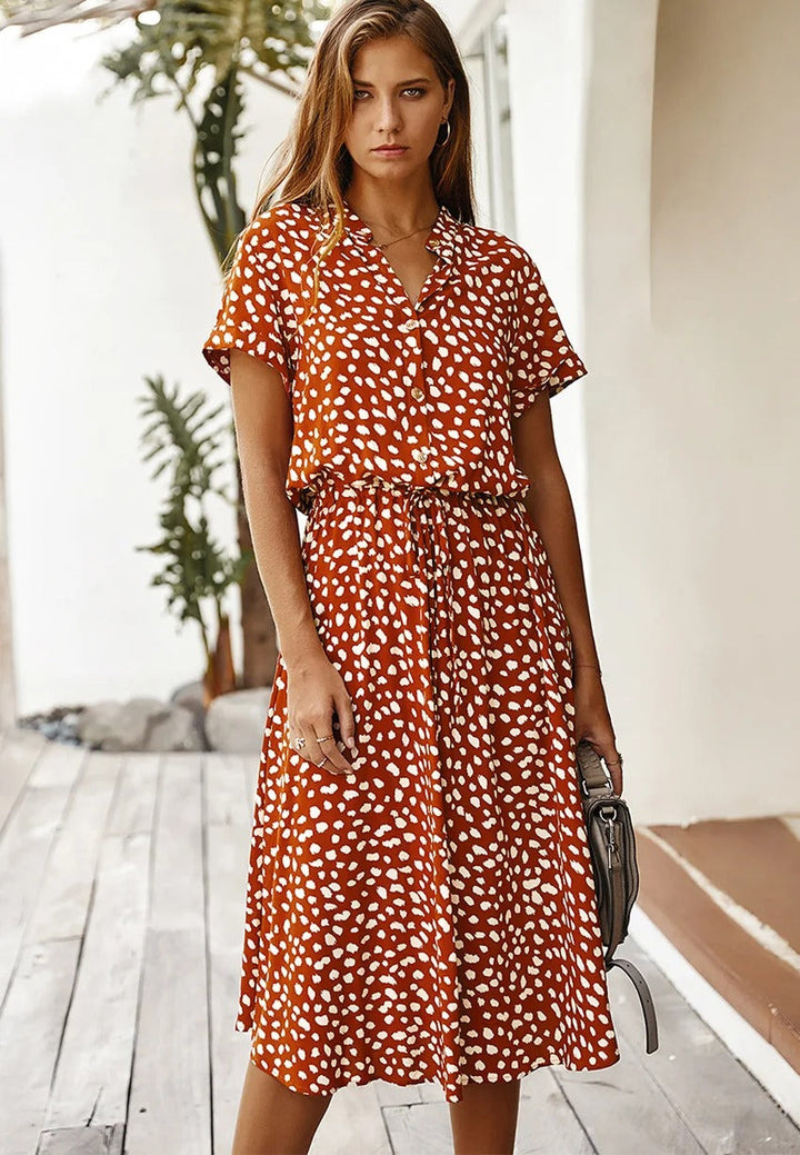 Elizabeth - Damen Midi-Hemdkleid mit Tierdruck und kurzen Ärmeln