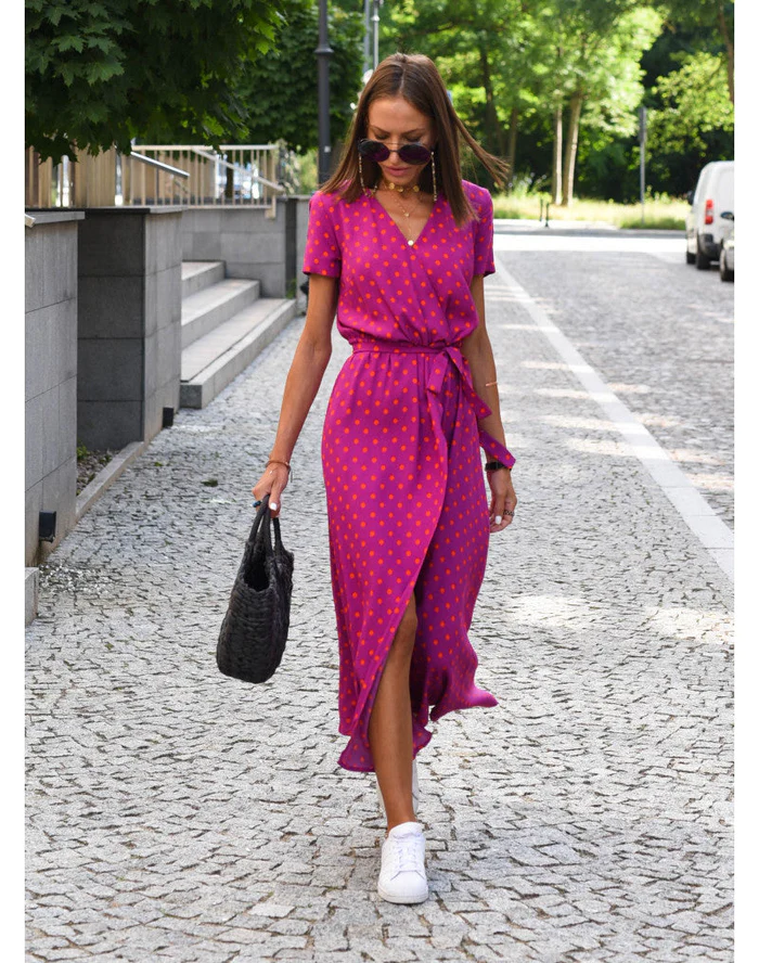 Elena - Damen Midikleid mit Kurzarm und V-Ausschnitt