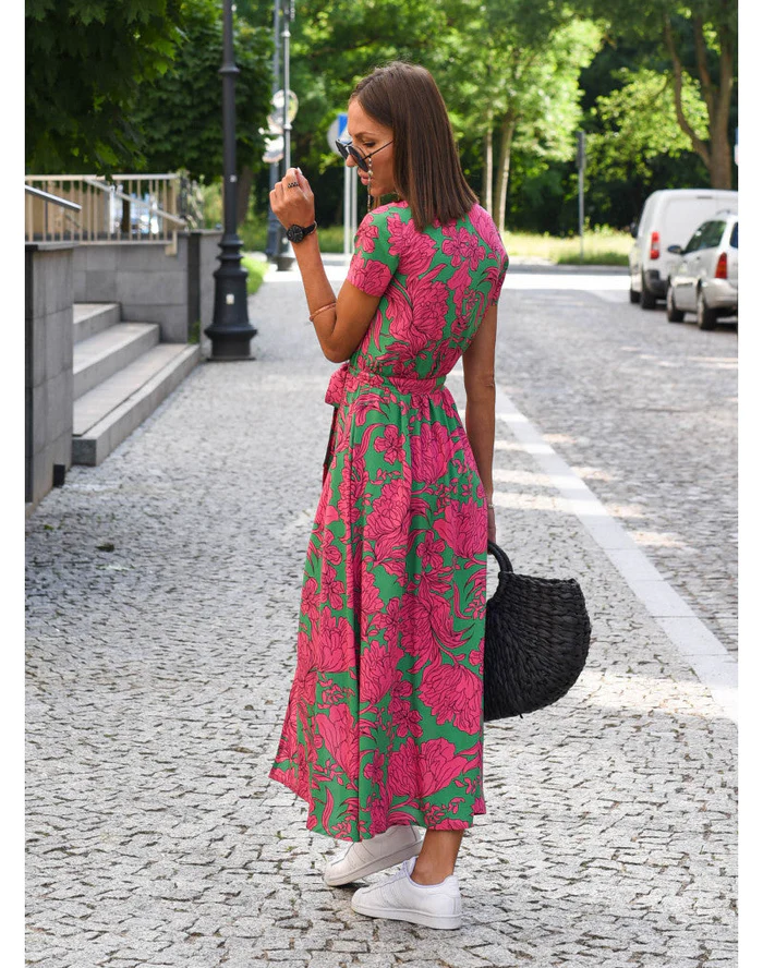 Elena - Damen Midikleid mit Kurzarm und V-Ausschnitt