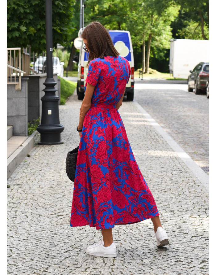 Elena - Damen Midikleid mit Kurzarm und V-Ausschnitt