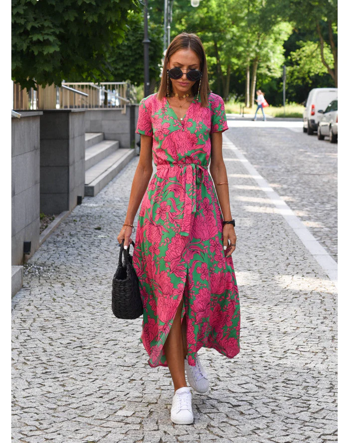 Elena - Damen Midikleid mit Kurzarm und V-Ausschnitt