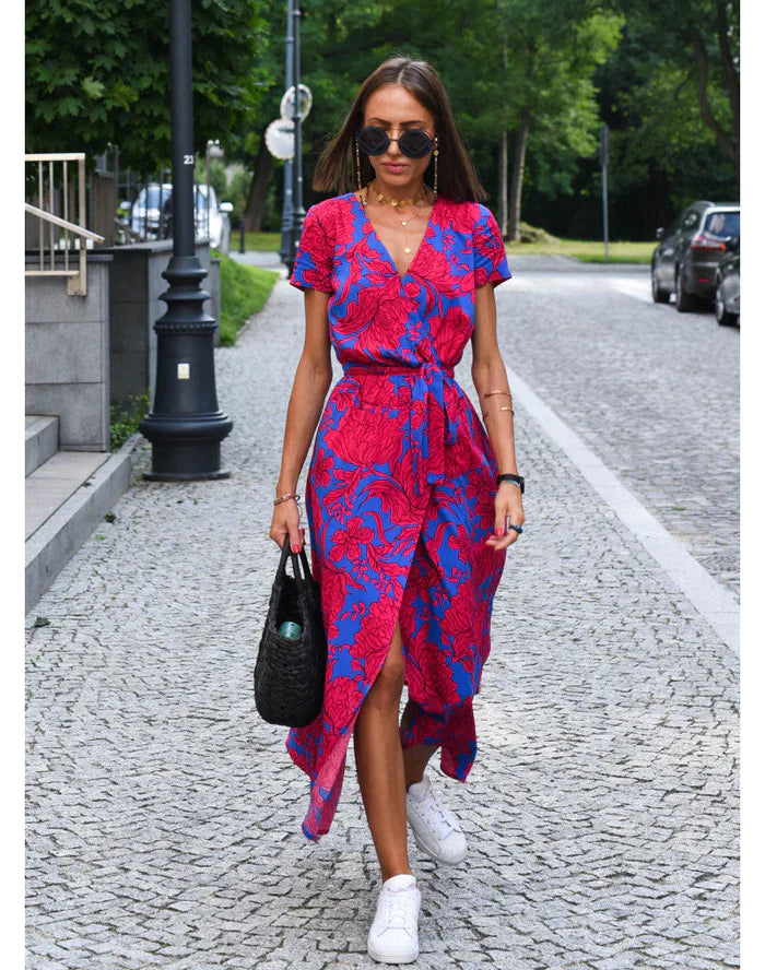 Elena - Damen Midikleid mit Kurzarm und V-Ausschnitt