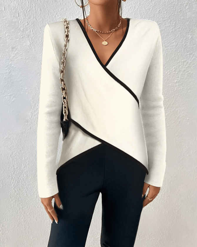 Samantha - Zweifarbiger Wickel-Front V-Ausschnitt Langarm-Top