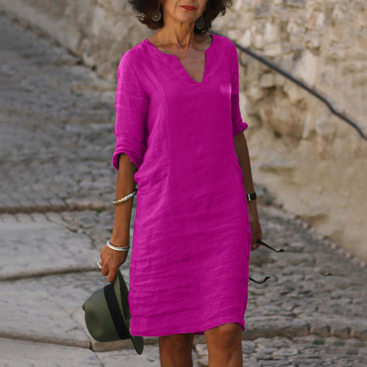 Jessica - Damen Leinen Kleid mit 3/4-Ärmeln und V-Ausschnitt