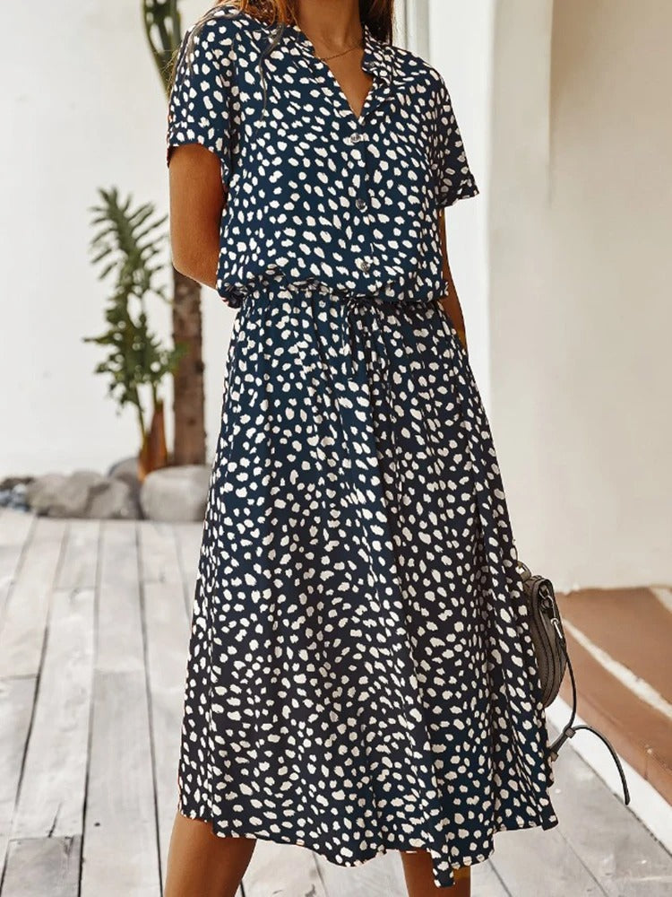 Elizabeth - Damen Midi-Hemdkleid mit Tierdruck und kurzen Ärmeln