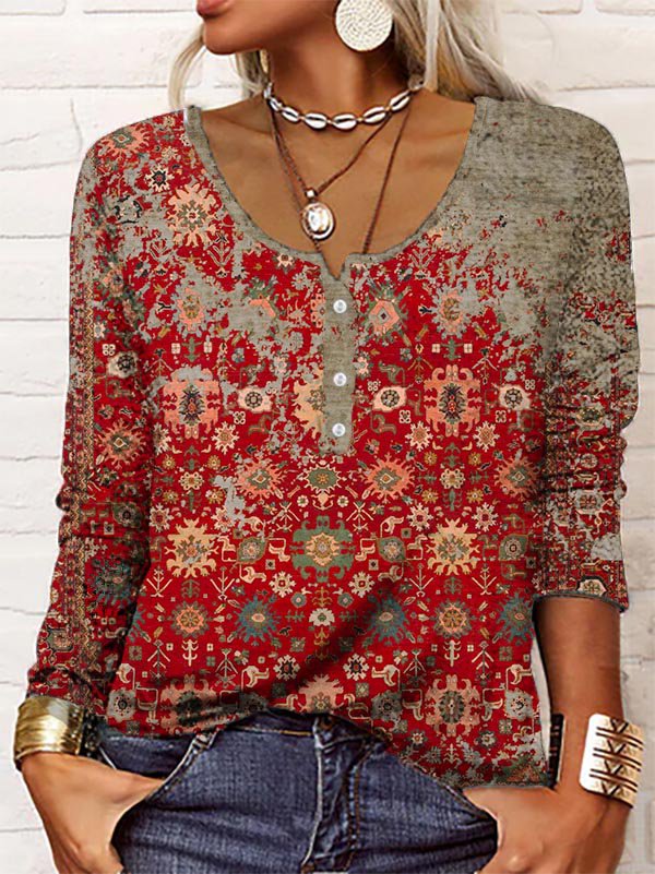 INES - Boho Ethnischer Druck Langarm Henley-Oberteil