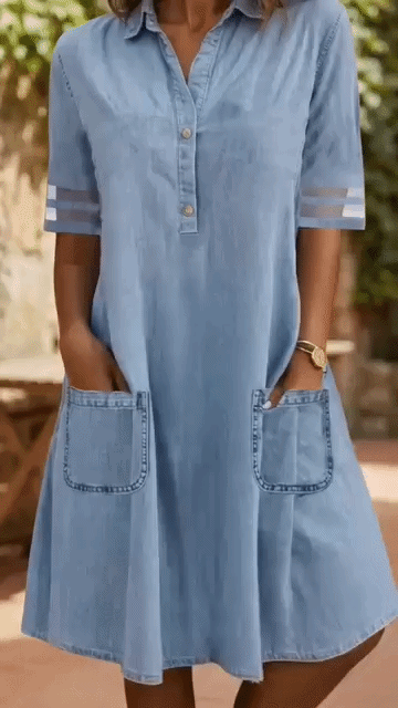 Brittany - Bauchkaschierende Denim-Look Blusenkleid