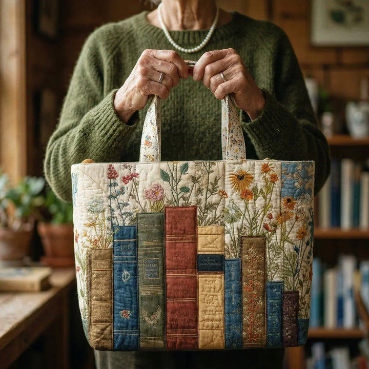 Gesteppte Tote Bag mit Motiv Bücher und Blumen von Maria Zürich