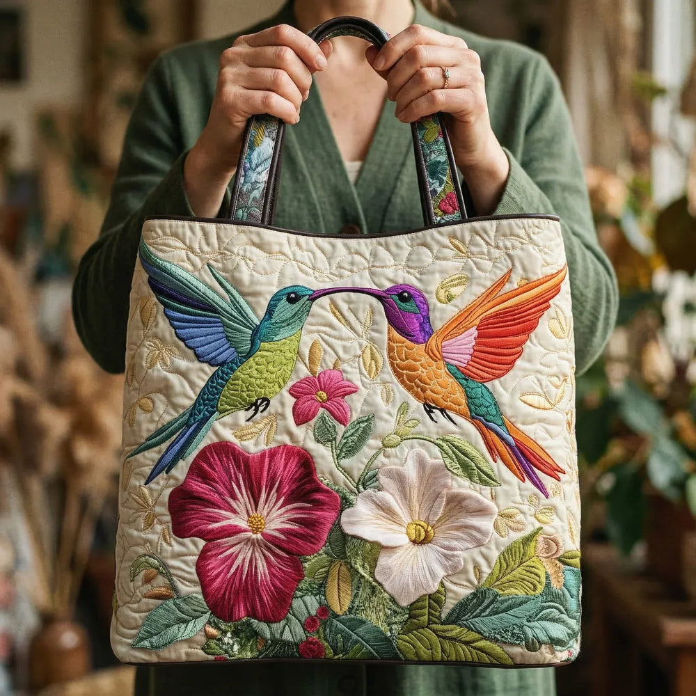 Gesteppte Tote Bag mit Motiv Kolibri und weisse Blüten von Maria Zürich