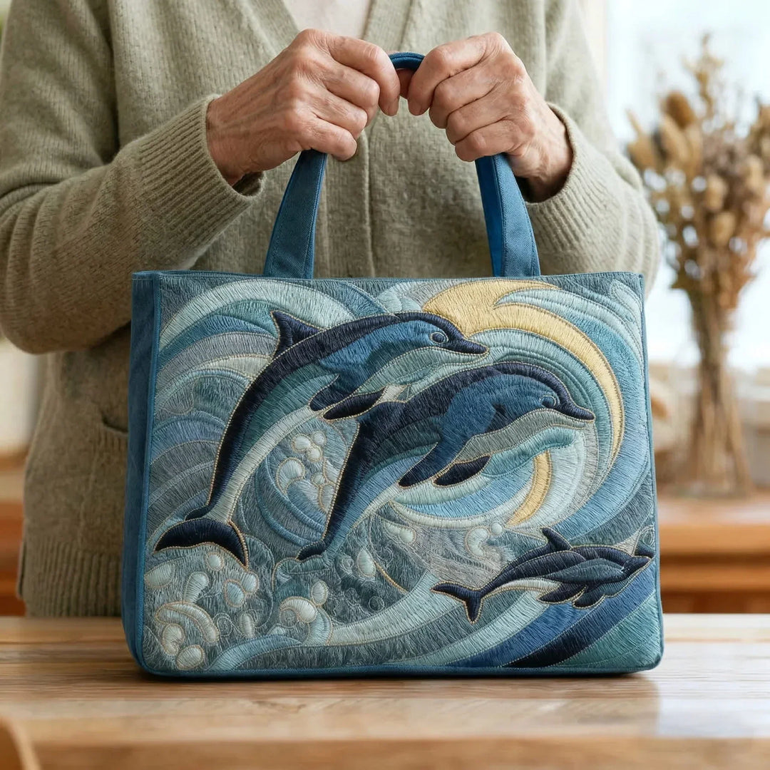 Gesteppte Tote Bag mit Motiv Delfin im Ozean von Maria Zürich