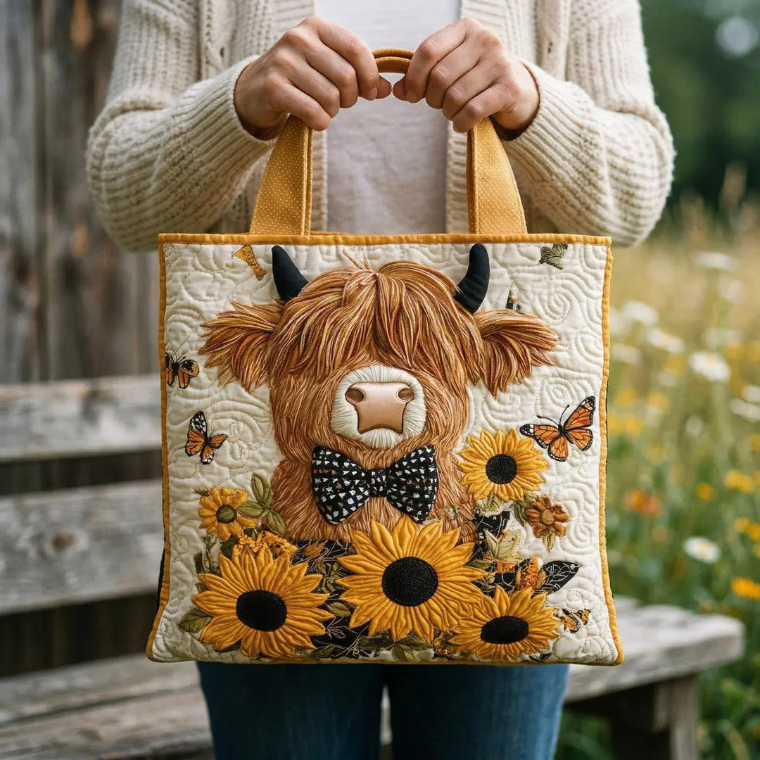 Gesteppte Tote Bag mit Motiv Hochlandrind mit Sonnenblumen von Maria Zürich