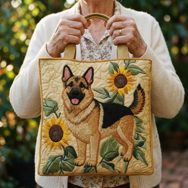 Gesteppte Tote Bag mit Motiv Schäferhund mit Blumen von Maria Zürich