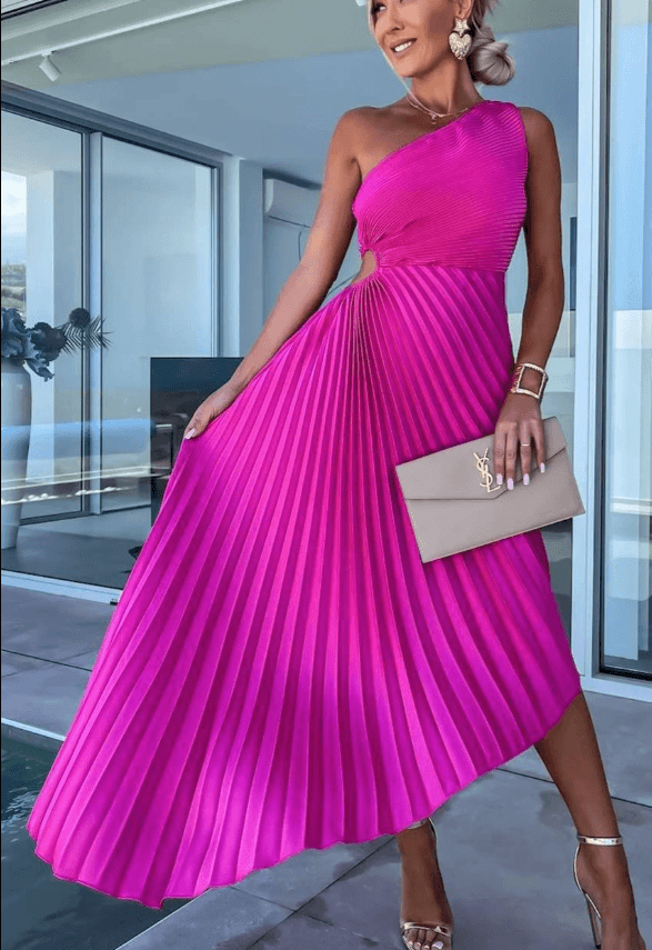 Damen Hochzeitsgast Kleid Ein Schulter Plissiertes Maxikleid