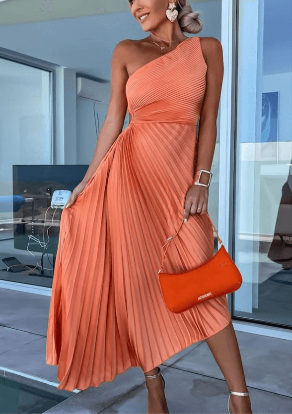 Damen Hochzeitsgast Kleid Ein Schulter Plissiertes Maxikleid