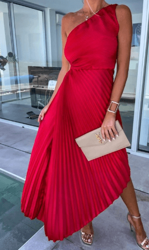 Damen Hochzeitsgast Kleid Ein Schulter Plissiertes Maxikleid