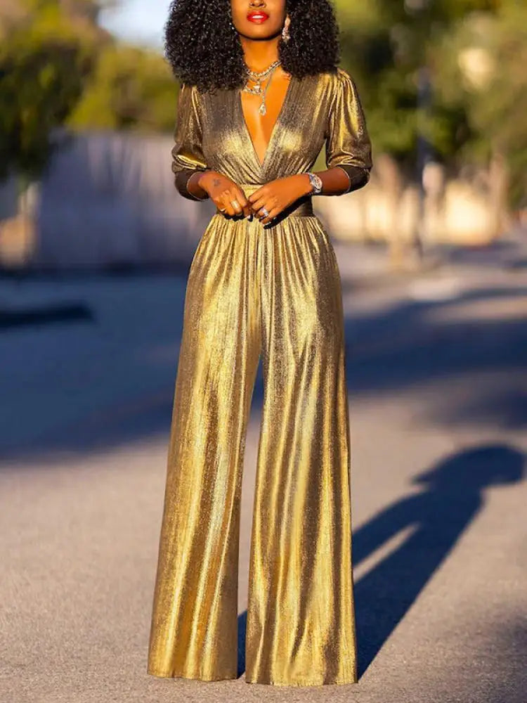 HELENA - Metallic Glanz Tiefer V-Ausschnitt Weitbeiniger Jumpsuit mit Plissee-Taille