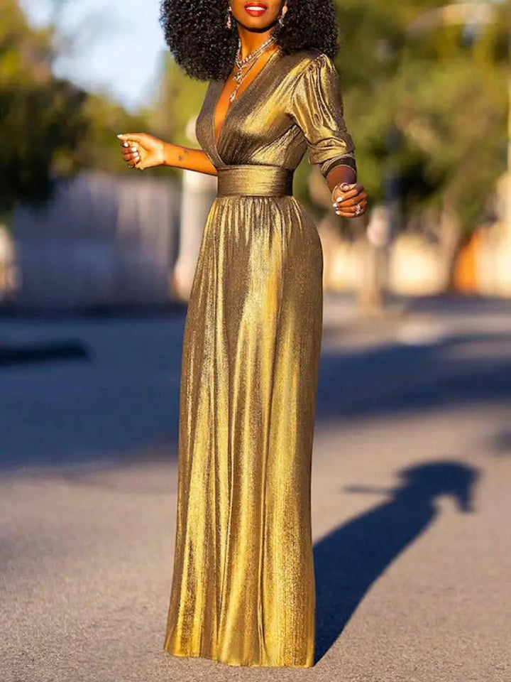 HELENA - Metallic Glanz Tiefer V-Ausschnitt Weitbeiniger Jumpsuit mit Plissee-Taille