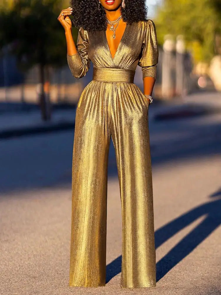 HELENA - Metallic Glanz Tiefer V-Ausschnitt Weitbeiniger Jumpsuit mit Plissee-Taille