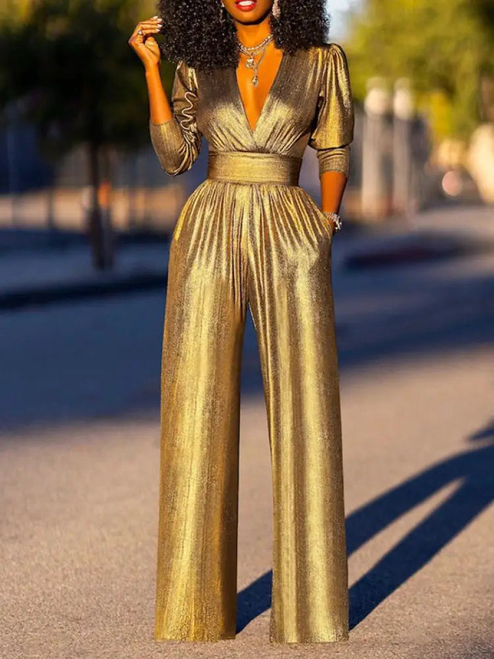 HELENA - Metallic Glanz Tiefer V-Ausschnitt Weitbeiniger Jumpsuit mit Plissee-Taille