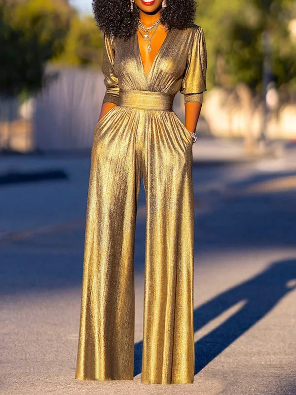 HELENA - Metallic Glanz Tiefer V-Ausschnitt Weitbeiniger Jumpsuit mit Plissee-Taille