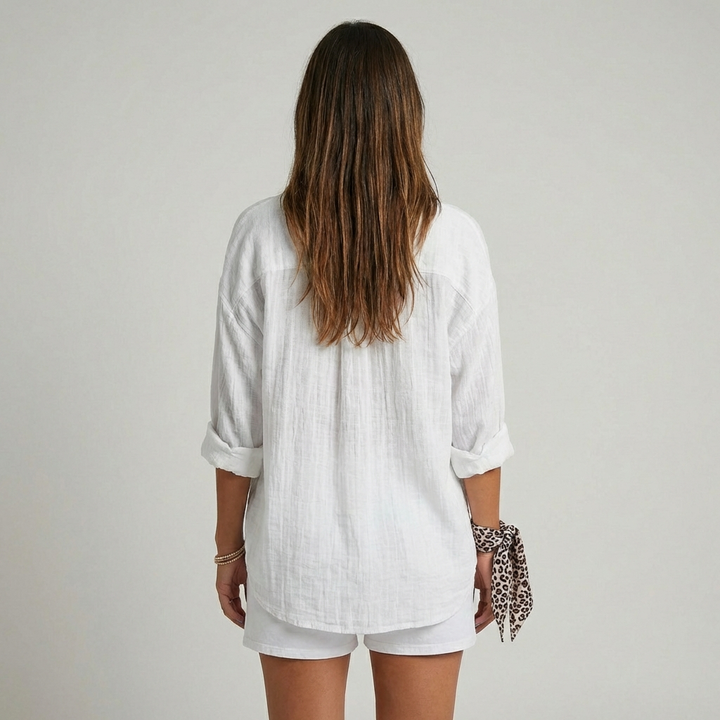 Barbara - Damen Oversized Crinkle Leinen Knopfhemd