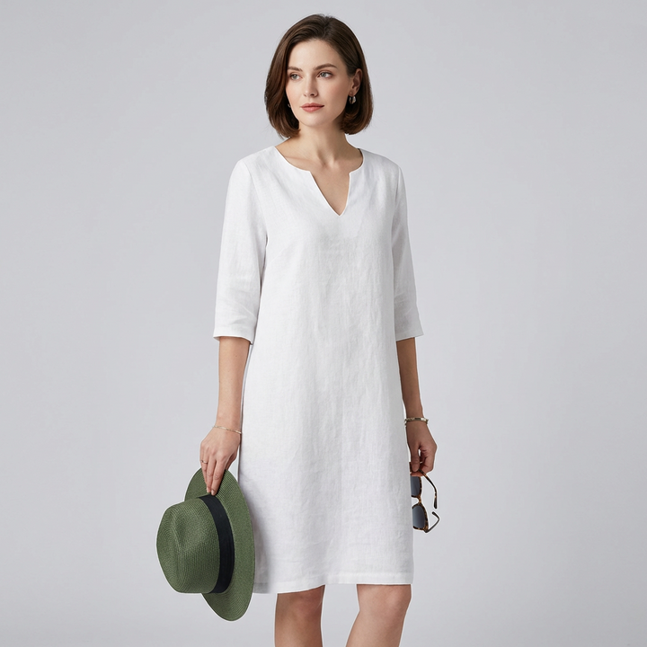 Jessica - Damen Leinen Kleid mit 3/4-Ärmeln und V-Ausschnitt