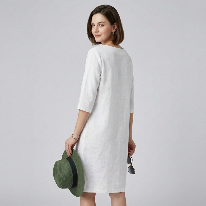 Jessica - Damen Leinen Kleid mit 3/4-Ärmeln und V-Ausschnitt