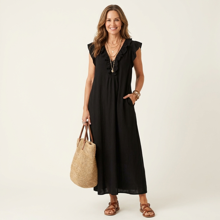 Josette Leinen-Maxikleid mit Rüschen-V-Ausschnitt für Damen – Ansicht 9