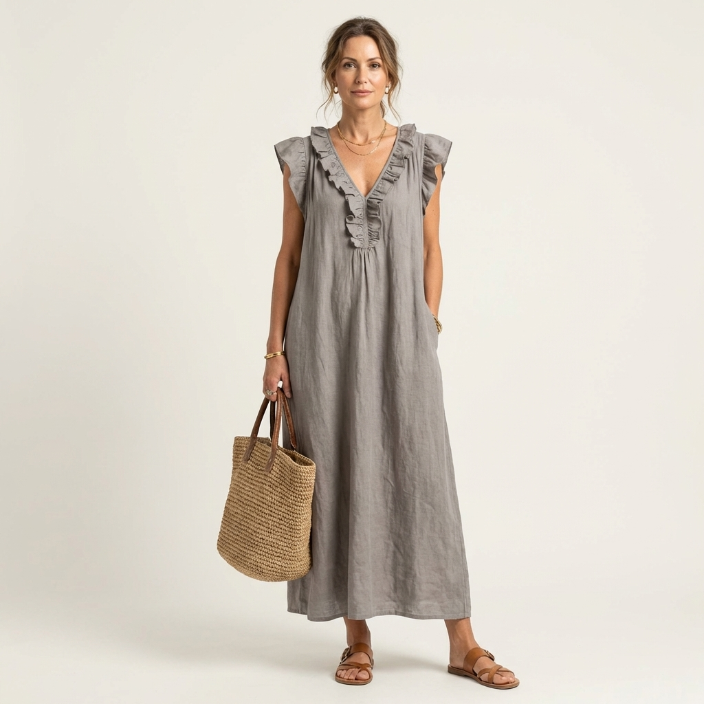 Josette Leinen-Maxikleid mit Rüschen-V-Ausschnitt für Damen – Vorderansicht