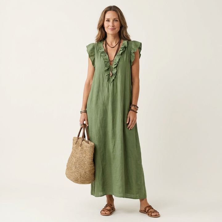 Josette Leinen-Maxikleid mit Rüschen-V-Ausschnitt für Damen – Ganzansicht
