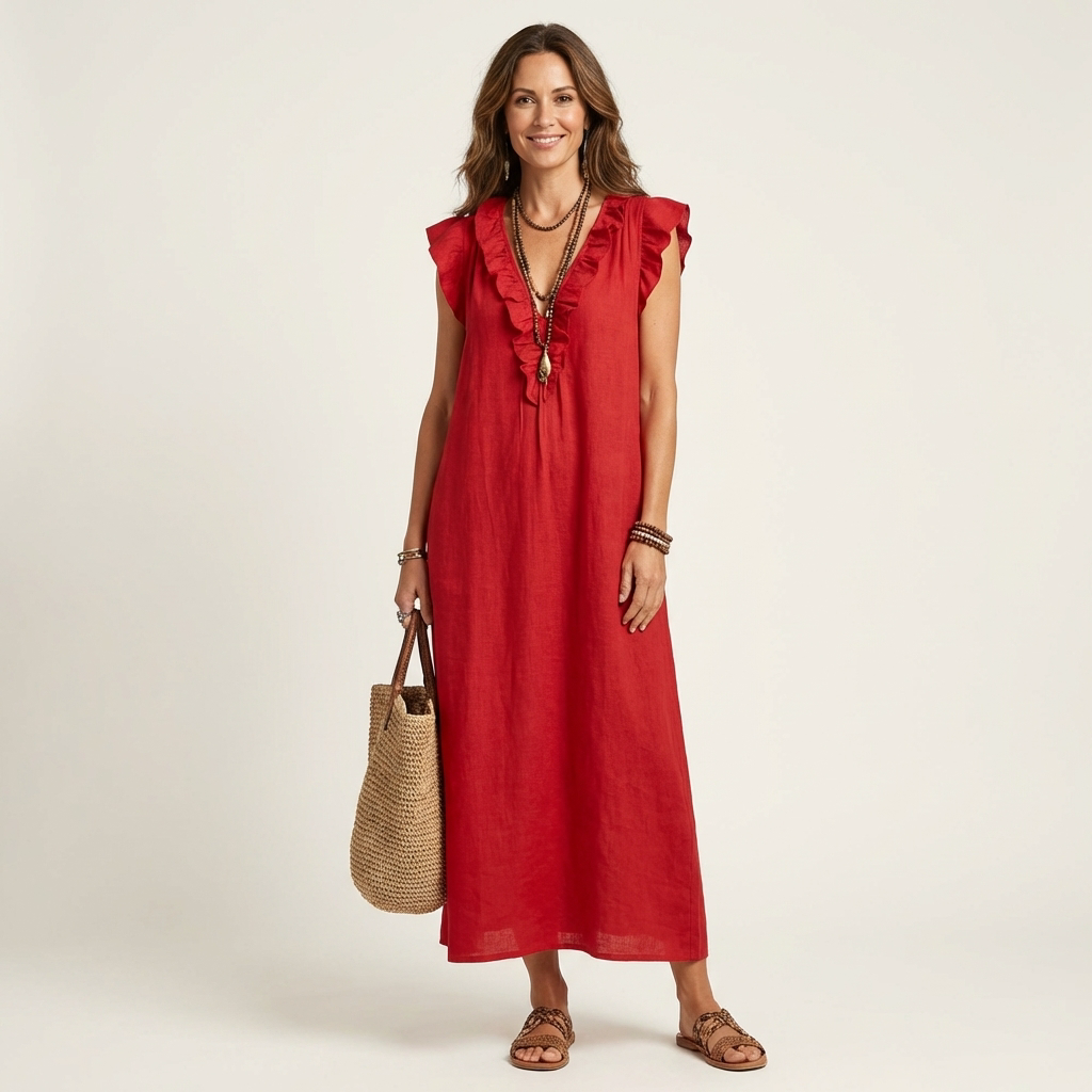 Josette Leinen-Maxikleid mit Rüschen-V-Ausschnitt für Damen – Rückenansicht