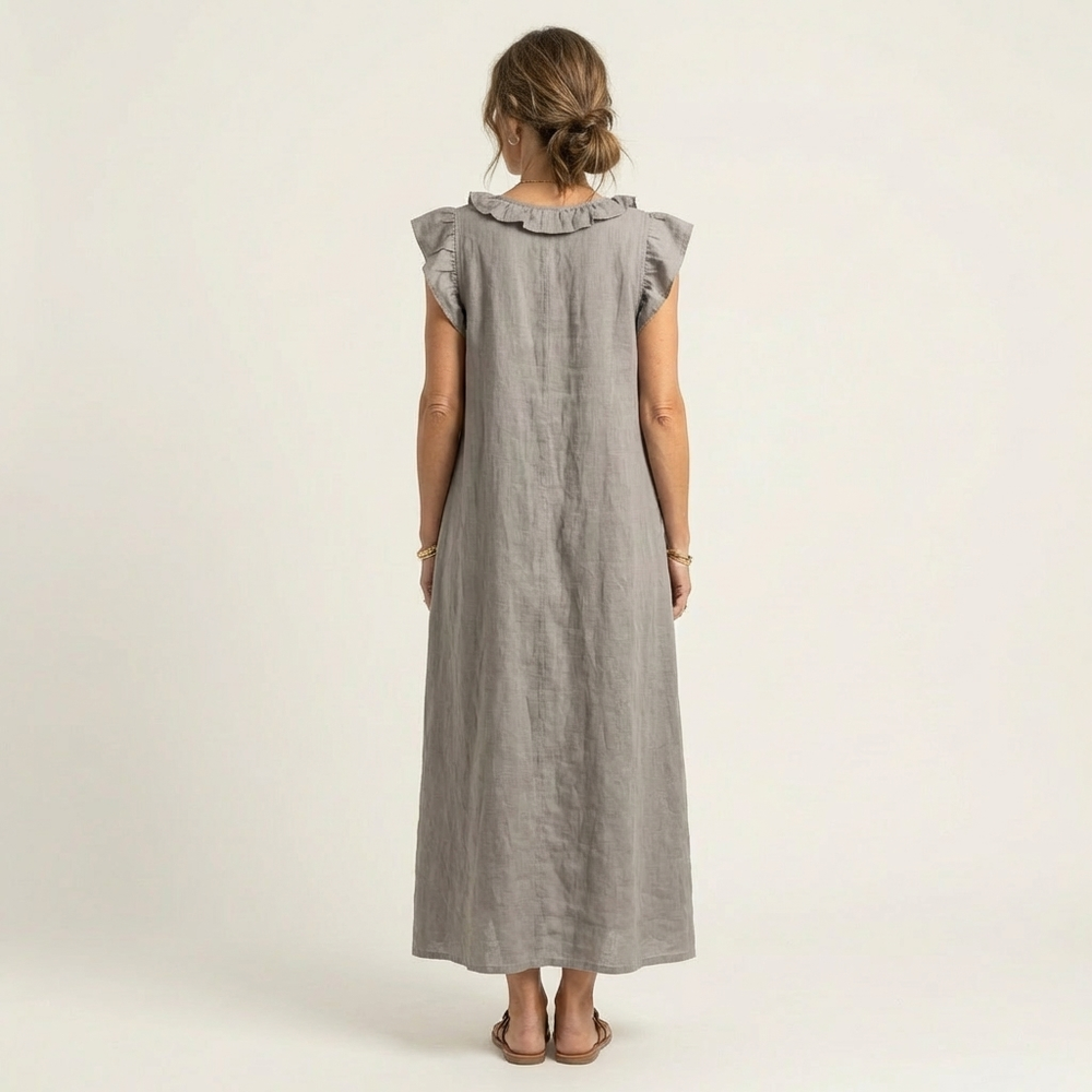 Josette Leinen-Maxikleid mit Rüschen-V-Ausschnitt für Damen – seitliche Ansicht